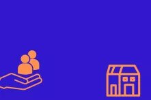 mavi arka plan, turuncu ev ve iki kişinin siluetini taşıyan bir el