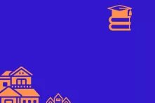 mavi arka plan üzerinde turuncu renkli bir ev ve mezuniyet kepi 