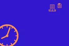 İki turuncu renkli ev ve bir saat ile mavi arka plan.