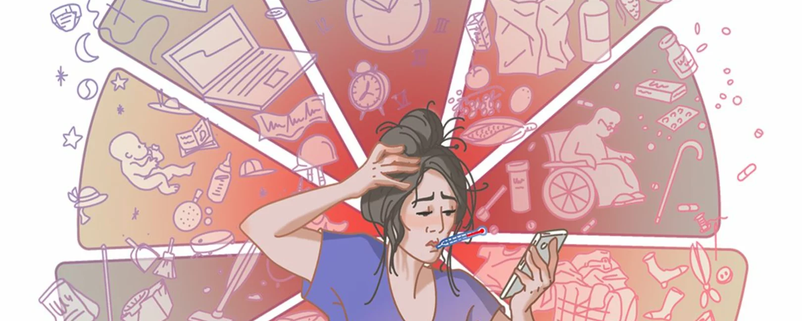 Resim çizilmiştir. Resmin ortasında ağzında bir klinik termometre tutan ve elindeki cep telefonuna bakan bir kadın figürü var. Stresli görünüyor ve bir eliyle başını tutuyor. Kişinin etrafına birçok farklı nesne çizilmiş ve sanki uçuyormuş gibi görünmesi sağlanmıştır. Bunlar arasında bir bebek, bir biberon, tekerlekli sandalyedeki bir kişi, bir baston, bir dizüstü bilgisayar, ilaçlar, bir süpürge, kirli çamaşırlar, bir şantiye bareti, bir sürü kirli çamaşır ve çok daha fazlası bulunmaktadır.