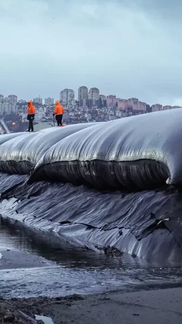 Kocaeli municipality employees inspect geotextile bags used to filter mud from the bottom of İzmit Gulf.